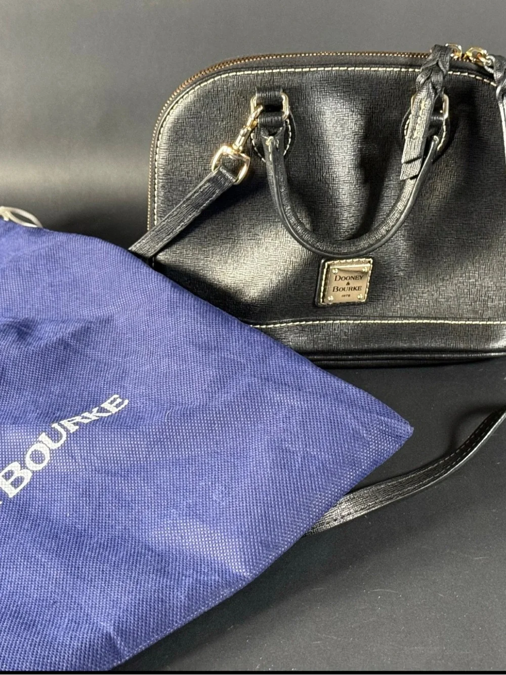 Dooney & Bourke Saffiano Leather Black Handbag with Gold Plaque